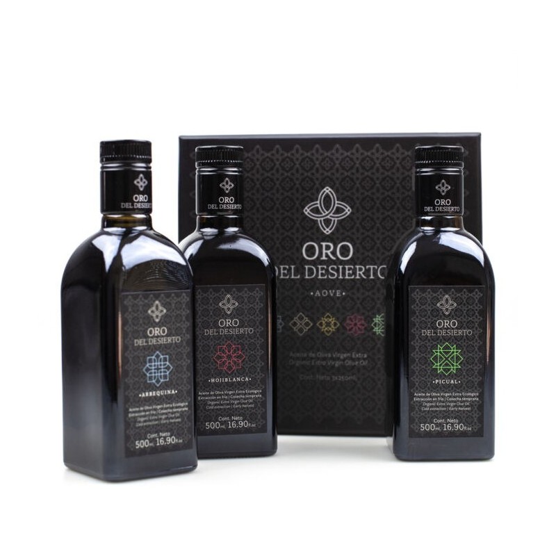Oro del Desierto monovarietales, estuche 3 X 500 ml. Caja 5 unidades