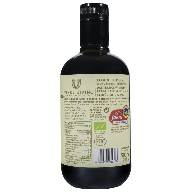 Verde Divino, Early Harvest Organic-Picual 500 ml. 6-unit box